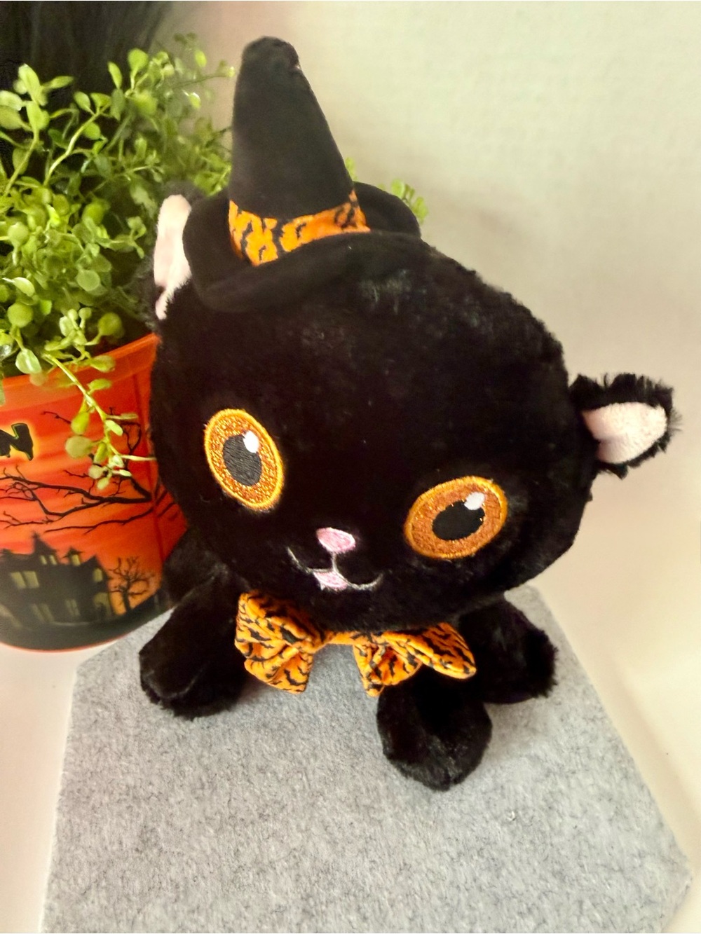 Kellytoy Black Cat Plush with Orange Accents - Halloween Hat & Bow